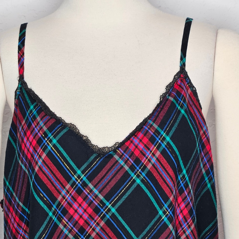 Victorias Secret Plaid Lace Trim Slip Dress XXL Red Green Gold Metallic Chemise - Picture 2 of 8
